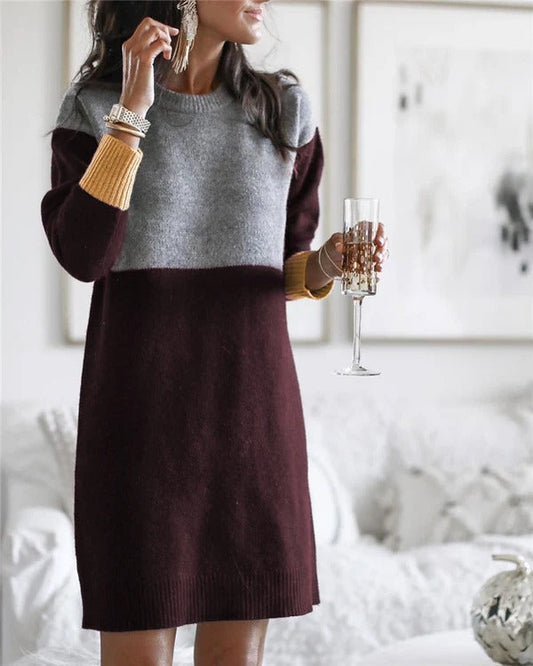 Women’s Knit Dress – Wool Blend – Relaxed Fit – Long Sleeve – Ribbed Color Block