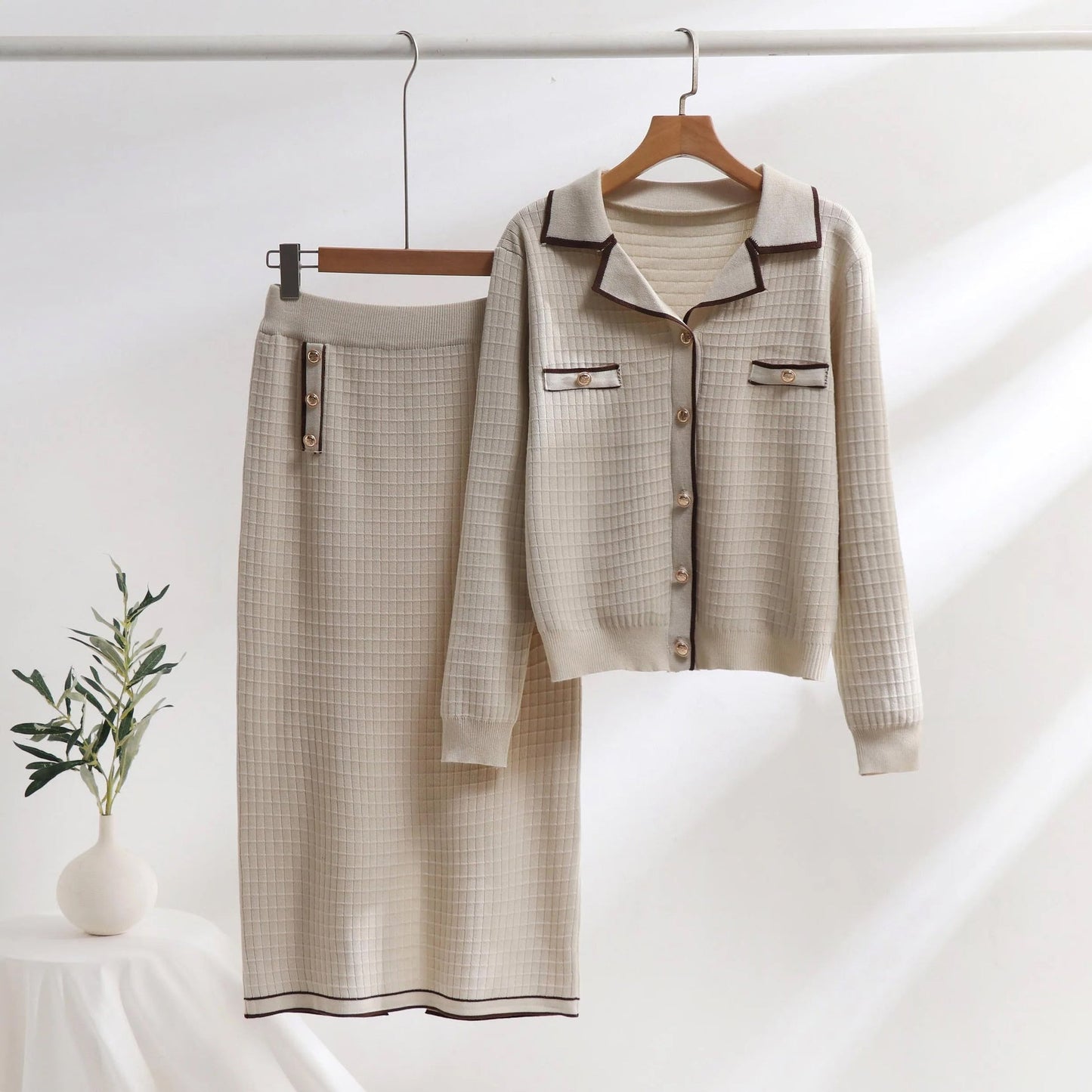 Women’s Knit Set – Polo-Neck Cardigan & Pencil Skirt – Slim Fit – Textured Pattern