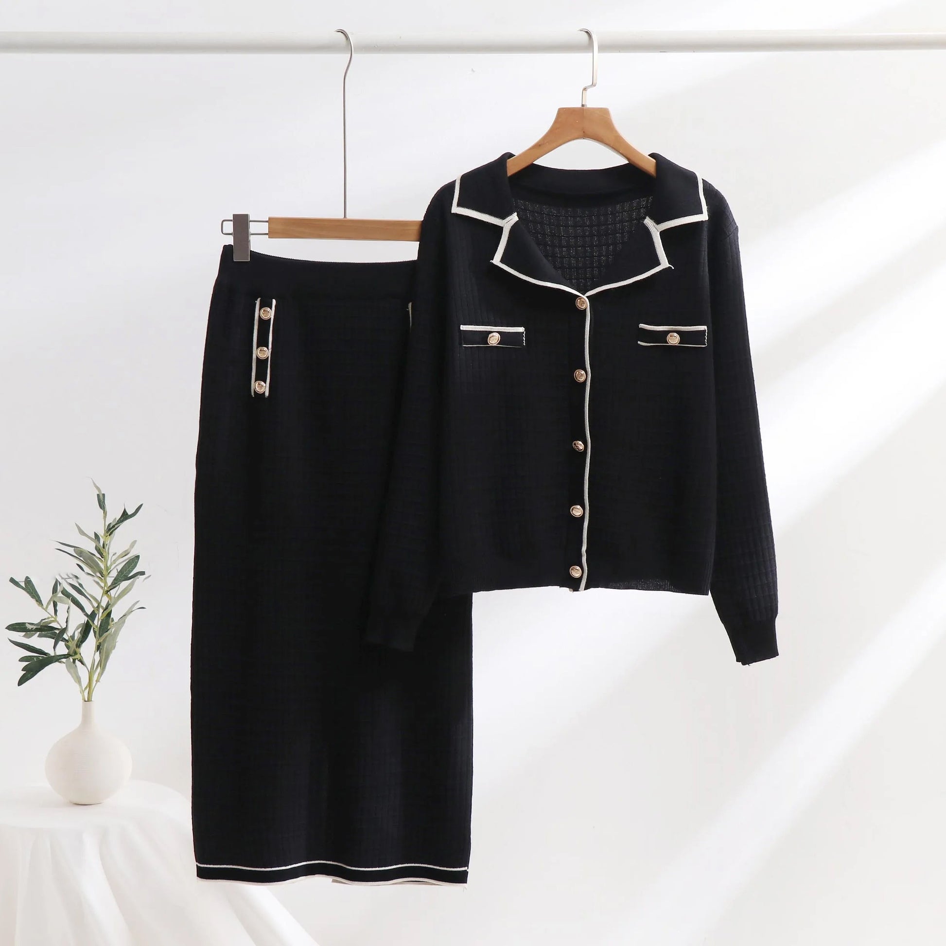 Women’s Knit Set – Polo-Neck Cardigan & Pencil Skirt – Slim Fit – Textured Pattern