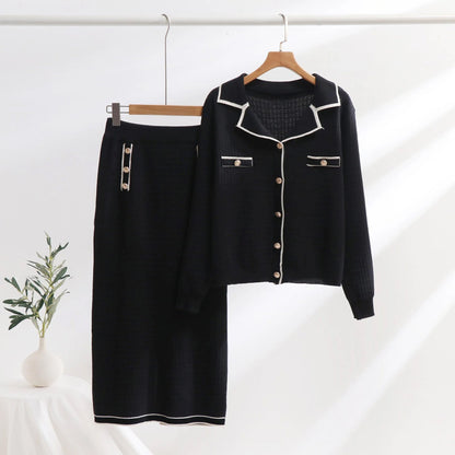 Women’s Knit Set – Polo-Neck Cardigan & Pencil Skirt – Slim Fit – Textured Pattern