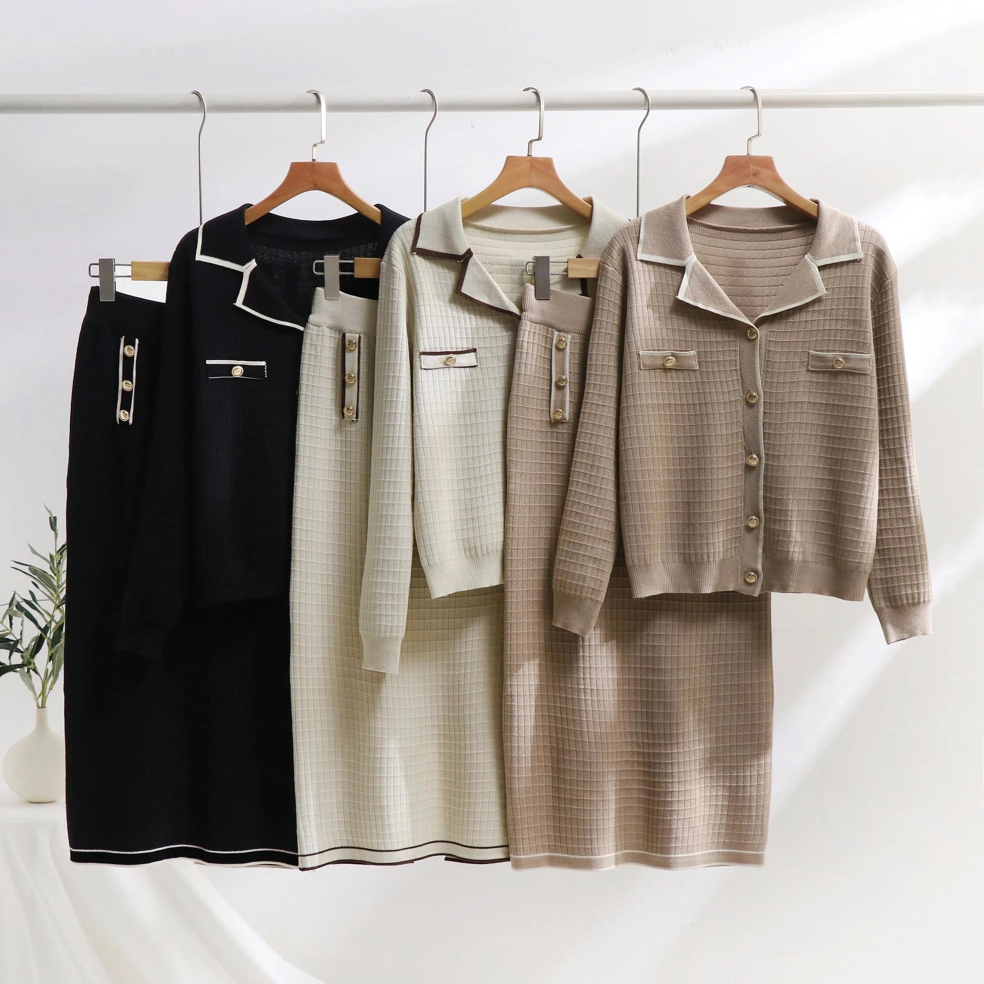 Women’s Knit Set – Polo-Neck Cardigan & Pencil Skirt – Slim Fit – Textured Pattern