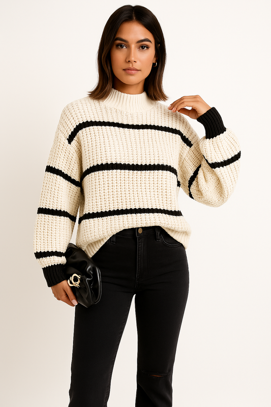 Women’s Knit Sweater – Relaxed Fit – Chunky Texture – Crew Neck – Striped Long Sleeve