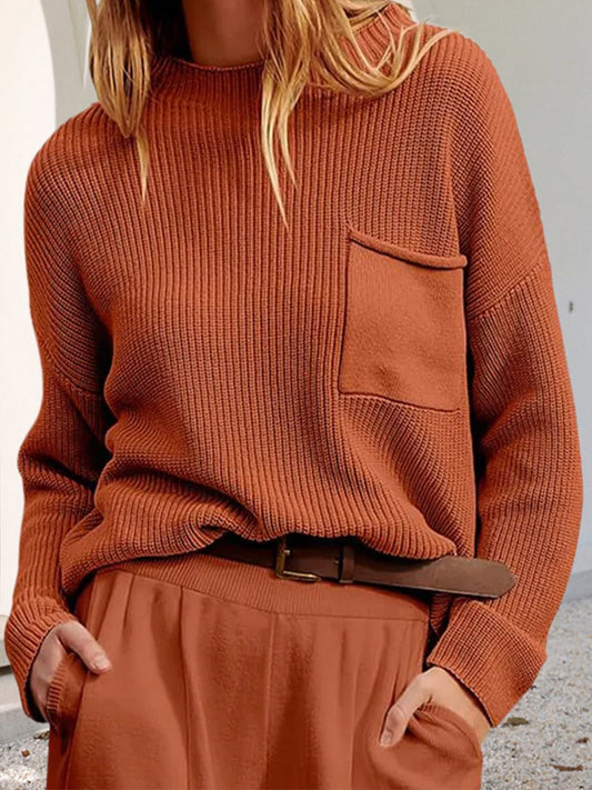 Women’s Knit Sweater – Ribbed Texture – Relaxed Fit – Round Neck – Long Sleeve – Patch Pocket