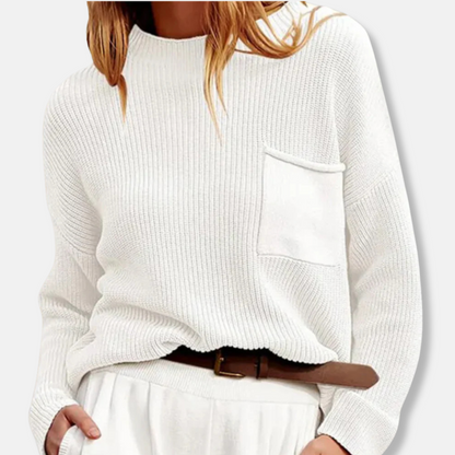 Women’s Knit Sweater – Ribbed Texture – Relaxed Fit – Round Neck – Long Sleeve – Patch Pocket