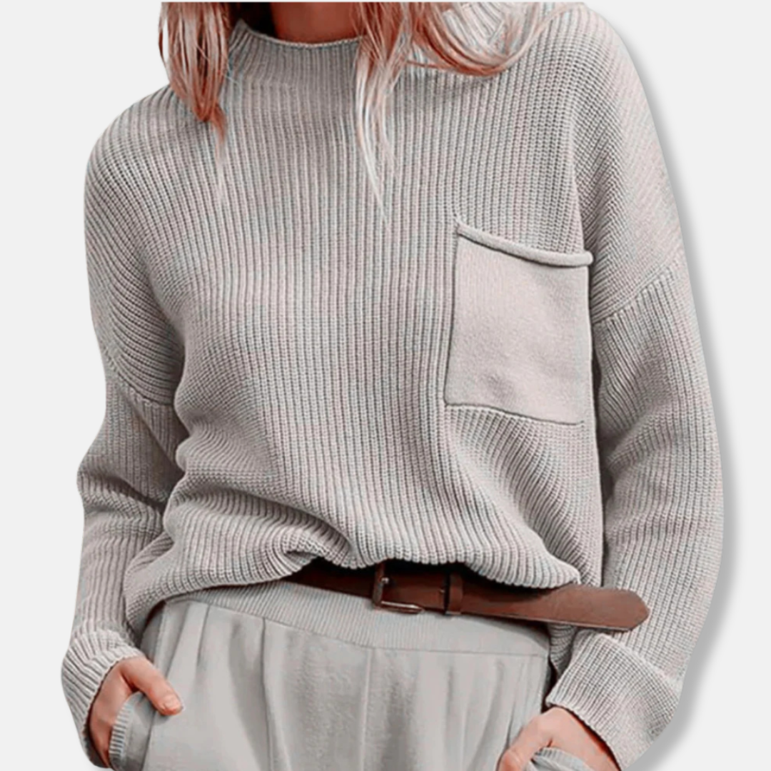 Women’s Knit Sweater – Ribbed Texture – Relaxed Fit – Round Neck – Long Sleeve – Patch Pocket