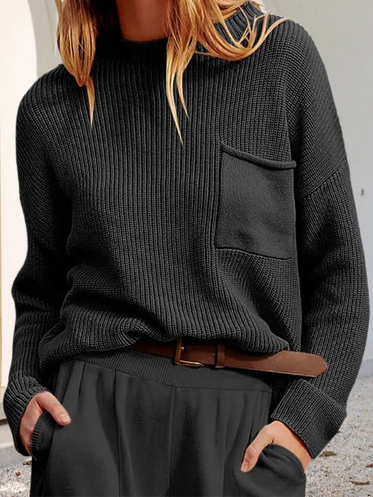 Women’s Knit Sweater – Ribbed Texture – Relaxed Fit – Round Neck – Long Sleeve – Patch Pocket