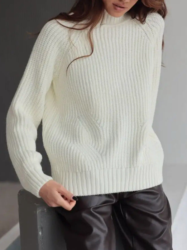 Women’s Knit Sweater – Wool Blend – Loose Fit – Mock Neck – Raglan Sleeves – Ribbed