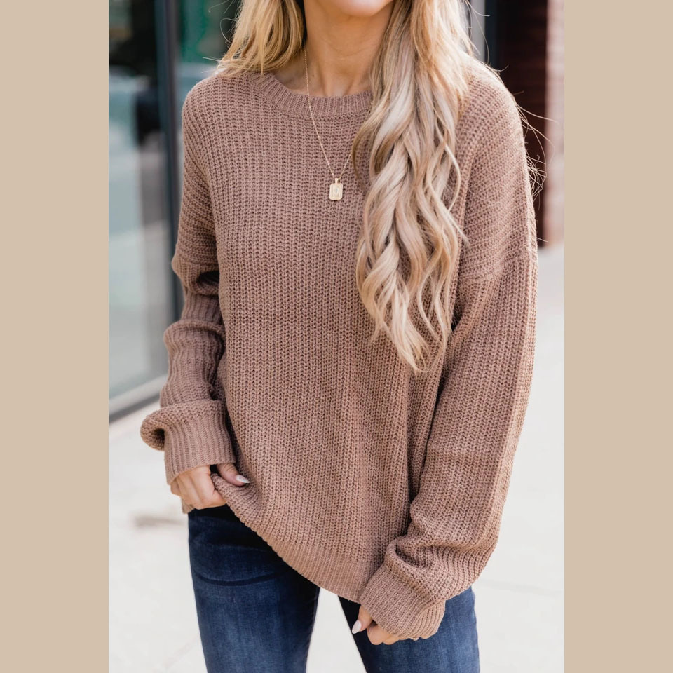 Women’s Knit Sweater – Wool Blend – Relaxed Fit – Ribbed Texture – Long Sleeve – Round Neck