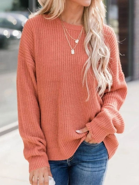 Women’s Knit Sweater – Wool Blend – Relaxed Fit – Ribbed Texture – Long Sleeve – Round Neck