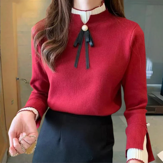 Women’s Knit Top Sweater – Slim Fit – Layered Mock Neck – Decorative Buttons & Bow