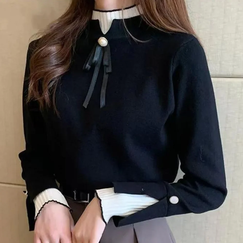 Women’s Knit Top Sweater – Slim Fit – Layered Mock Neck – Decorative Buttons & Bow