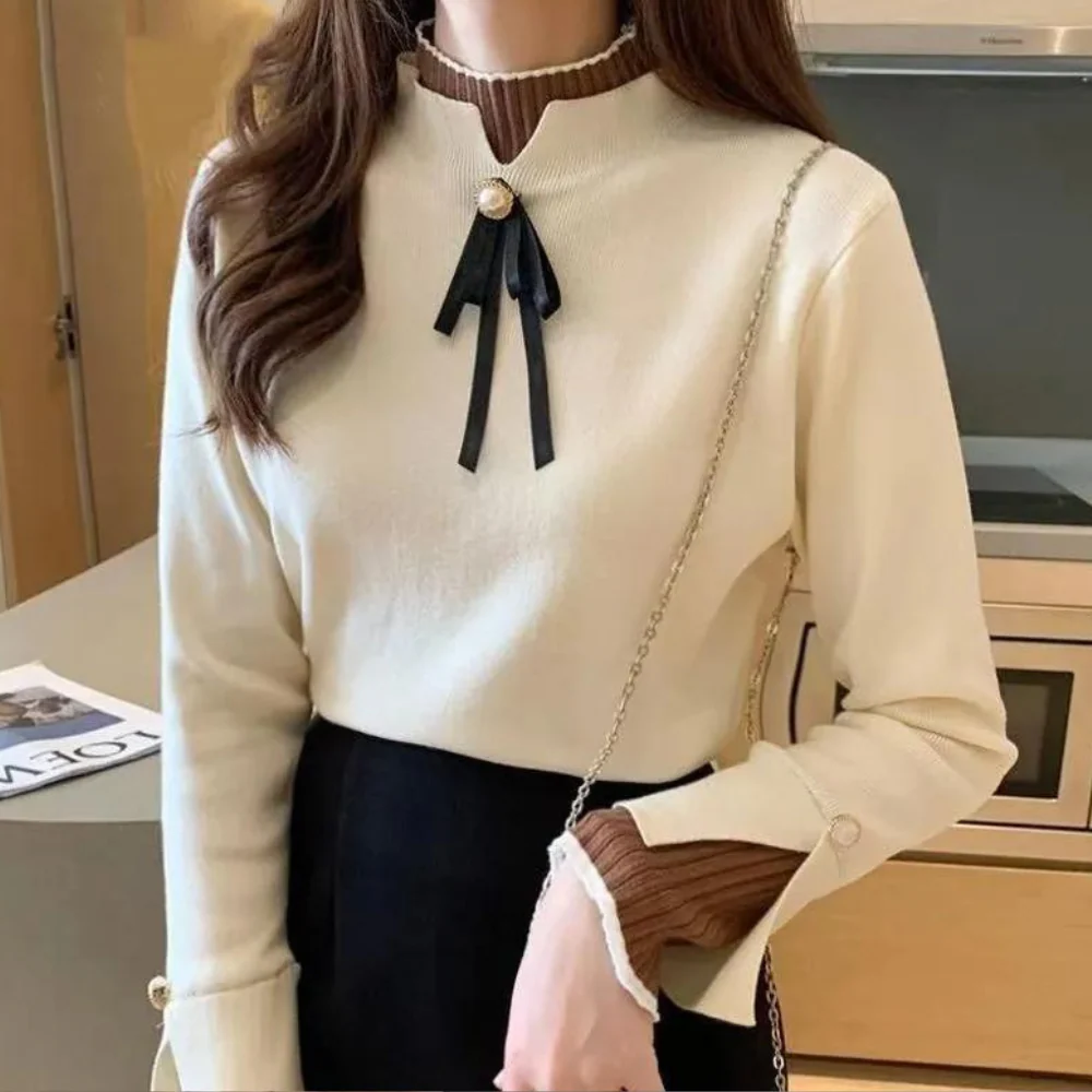 Women’s Knit Top Sweater – Slim Fit – Layered Mock Neck – Decorative Buttons & Bow