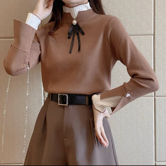 Women’s Knit Top Sweater – Slim Fit – Layered Mock Neck – Decorative Buttons & Bow
