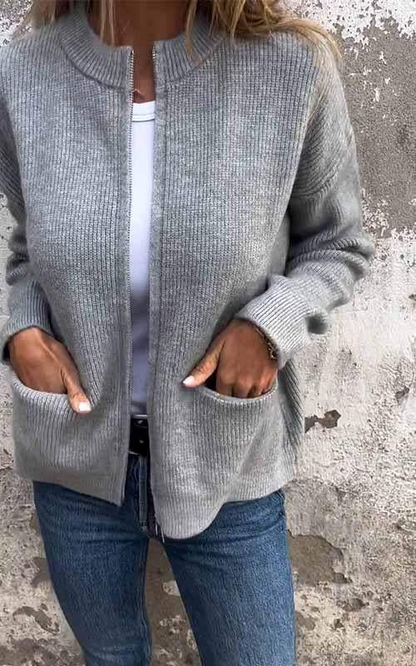 Women’s Knitted Cardigan – Relaxed Fit – Open Front – Ribbed Edges – With Pockets