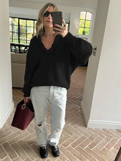 Women’s Knitted Sweater – Loose Fit – Deep V-Neck – Balloon Sleeves – Ribbed Trim