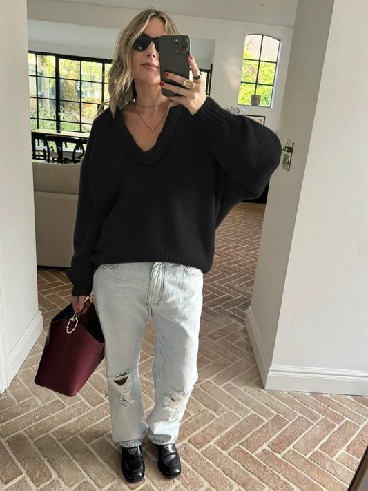 Women’s Knitted Sweater – Loose Fit – Deep V-Neck – Balloon Sleeves – Ribbed Trim