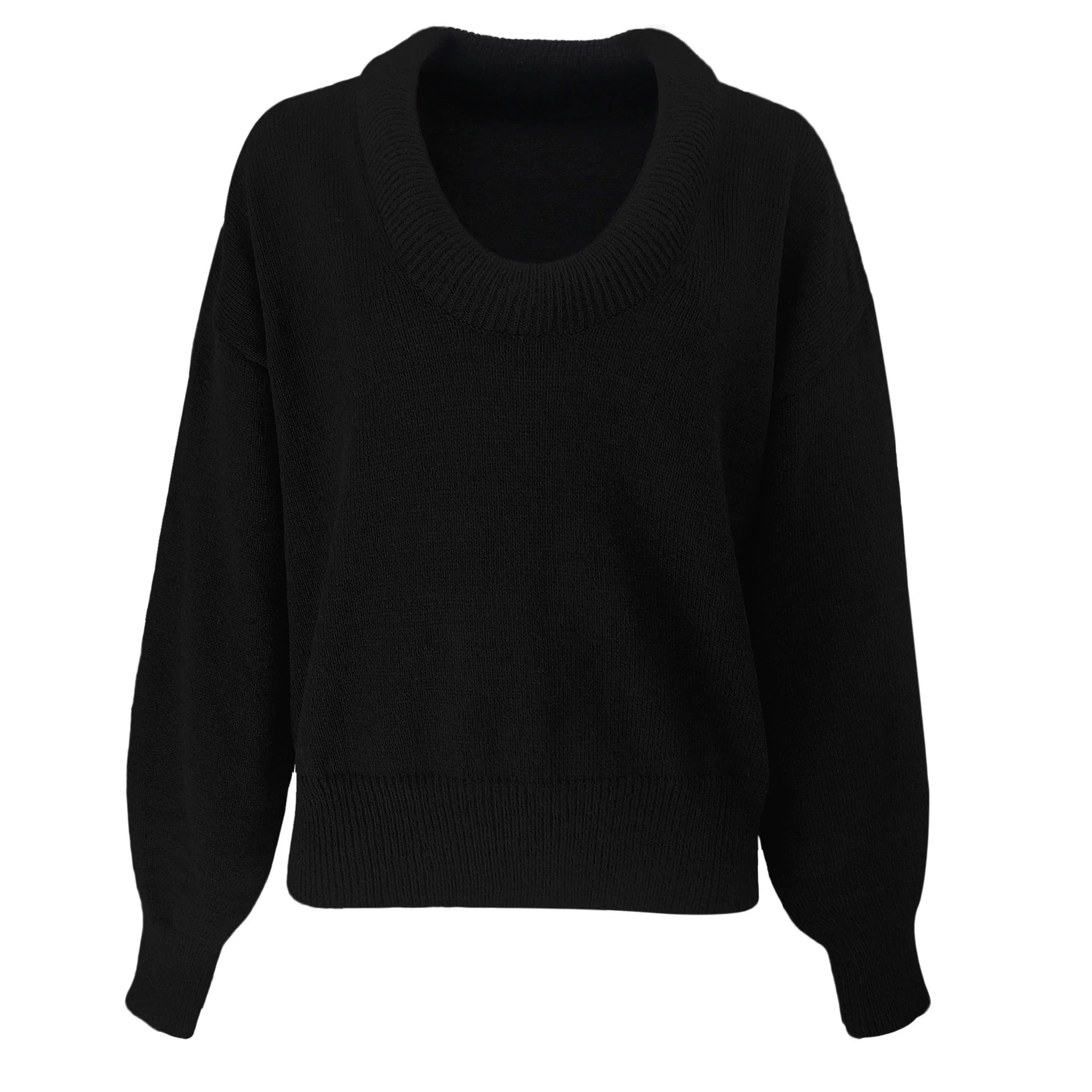 Women’s Knitted Sweater – Loose Fit – Deep V-Neck – Balloon Sleeves – Ribbed Trim