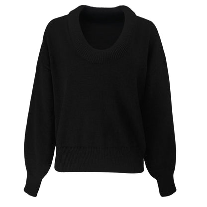 Women’s Knitted Sweater – Loose Fit – Deep V-Neck – Balloon Sleeves – Ribbed Trim