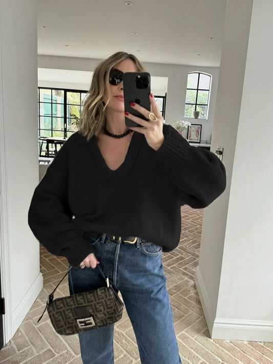 Women’s Knitted Sweater – Loose Fit – Deep V-Neck – Balloon Sleeves – Ribbed Trim