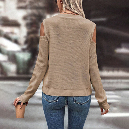 Women’s Knitted Sweater – Loose Fit – Wool Blend – Open Shoulder – Cable Knit – Ribbed Cuffs
