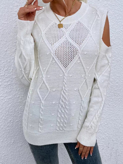 Women’s Knitted Sweater – Loose Fit – Wool Blend – Open Shoulder – Cable Knit – Ribbed Cuffs
