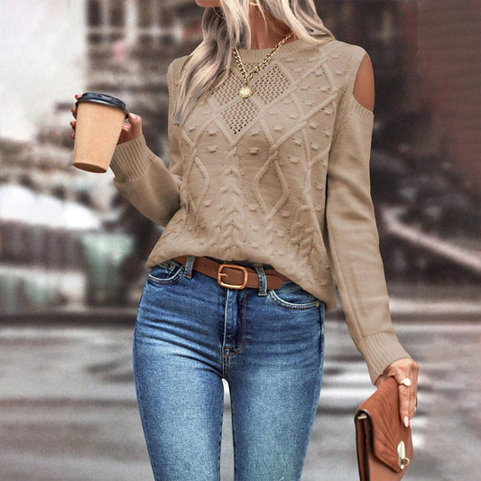 Women’s Knitted Sweater – Loose Fit – Wool Blend – Open Shoulder – Cable Knit – Ribbed Cuffs