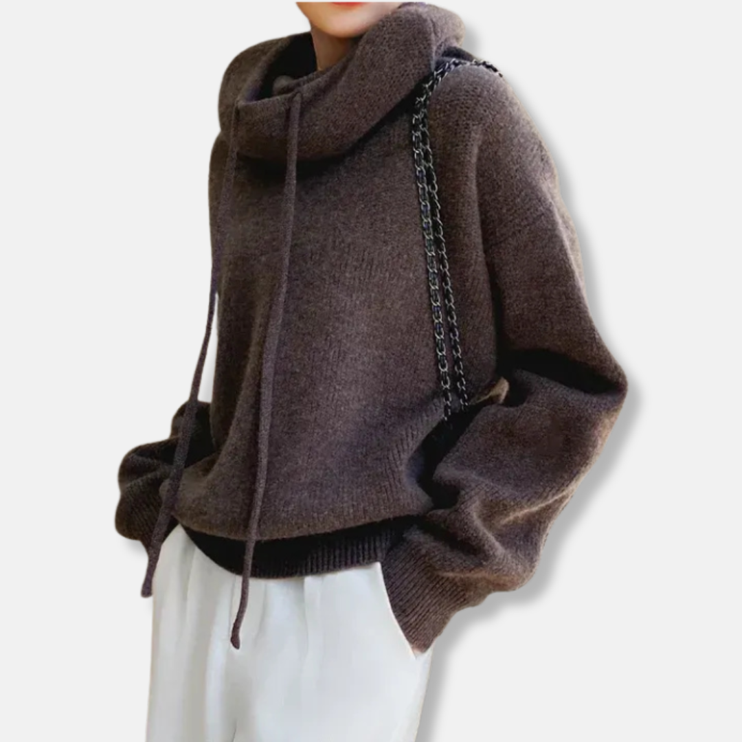 Women’s Knitted Sweater– Oversized Relaxed Fit – Soft Knit – Cowl Neck Drawstring
