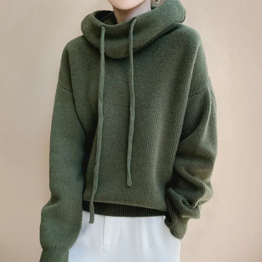 Women’s Knitted Sweater– Oversized Relaxed Fit – Soft Knit – Cowl Neck Drawstring