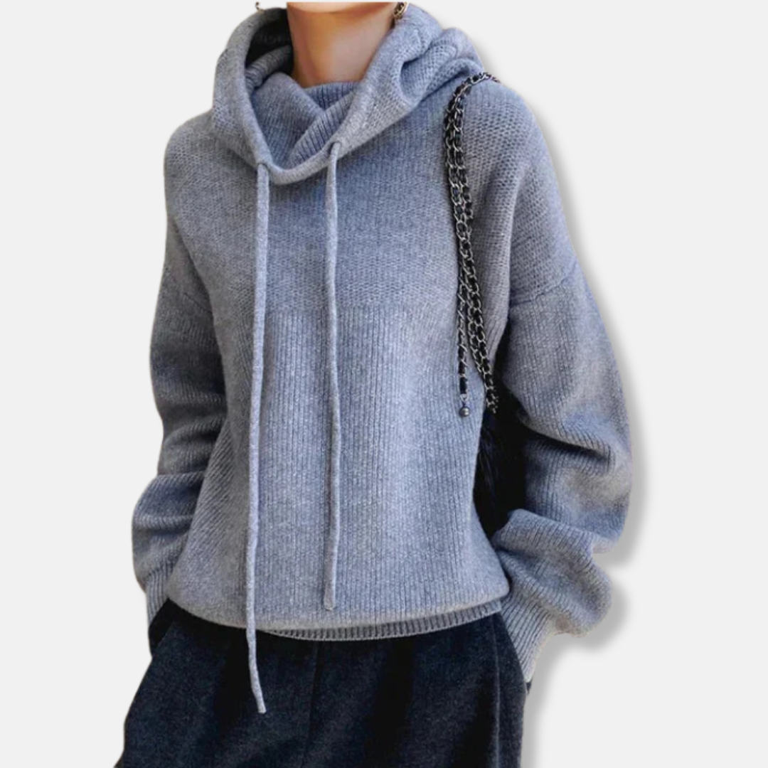 Women’s Knitted Sweater– Oversized Relaxed Fit – Soft Knit – Cowl Neck Drawstring