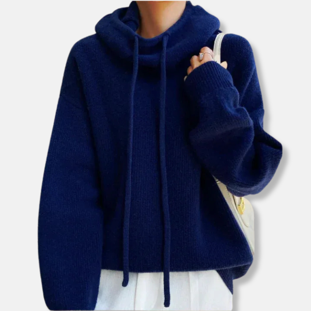 Women’s Knitted Sweater– Oversized Relaxed Fit – Soft Knit – Cowl Neck Drawstring