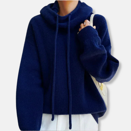 Women’s Knitted Sweater– Oversized Relaxed Fit – Soft Knit – Cowl Neck Drawstring