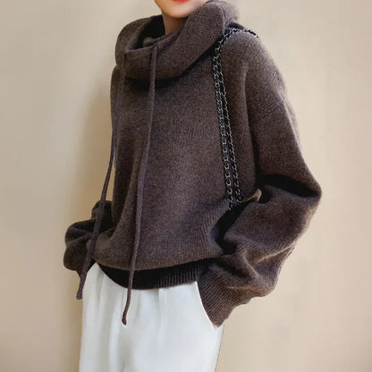 Women’s Knitted Sweater– Oversized Relaxed Fit – Soft Knit – Cowl Neck Drawstring