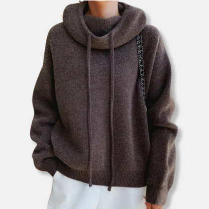 Women’s Knitted Sweater– Oversized Relaxed Fit – Soft Knit – Cowl Neck Drawstring