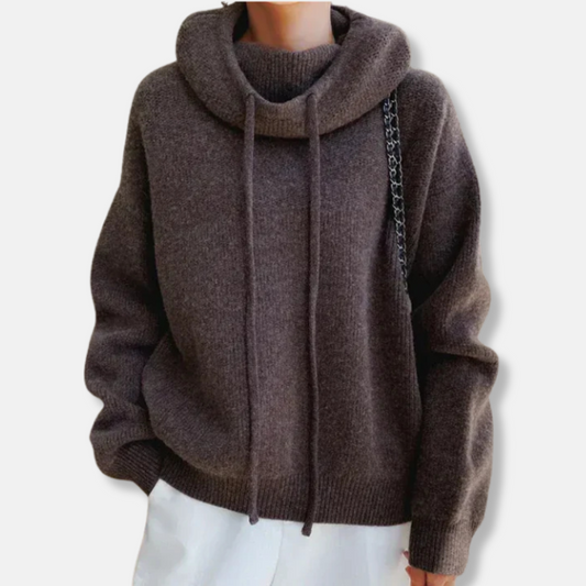 Women’s Knitted Sweater– Oversized Relaxed Fit – Soft Knit – Cowl Neck Drawstring