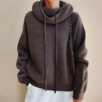Women’s Knitted Sweater– Oversized Relaxed Fit – Soft Knit – Cowl Neck Drawstring