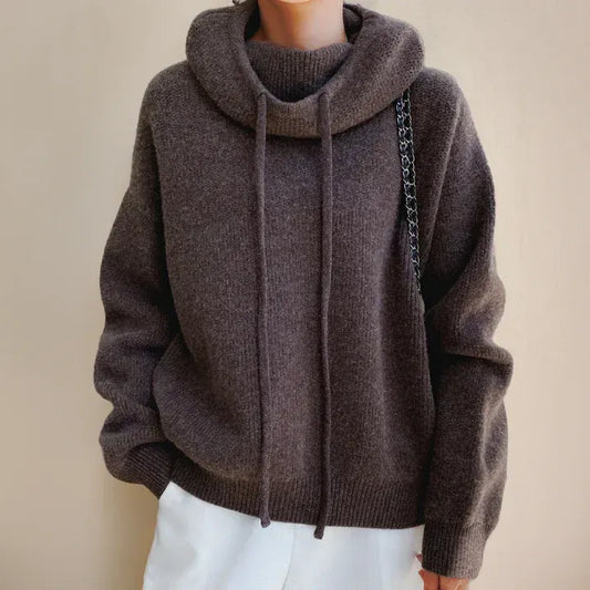 Women’s Knitted Sweater– Oversized Relaxed Fit – Soft Knit – Cowl Neck Drawstring