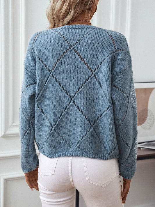 Women’s Knitted Sweatshirt – Relaxed Fit – Diamond Openwork – Sequin Embellished Sleeves