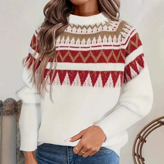 Women’s Knitted Sweatshirt – Relaxed Fit – Mock Neck – Wool Blend – Geometric Pattern