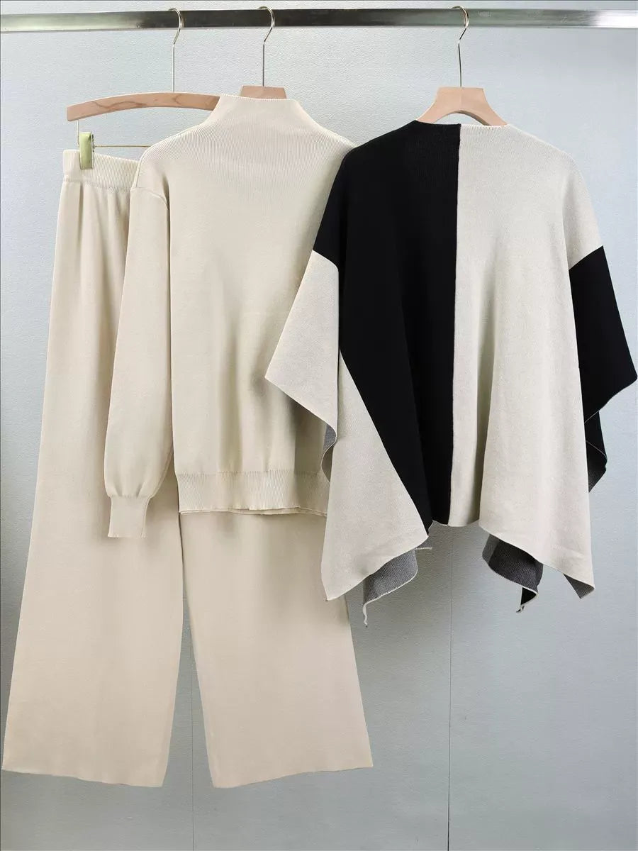 Women’s Knitted Three-Piece Set – Relaxed Fit – Wool Blend – Soft Mock Neck Sweater