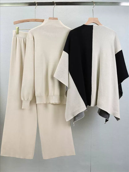 Women’s Knitted Three-Piece Set – Relaxed Fit – Wool Blend – Soft Mock Neck Sweater