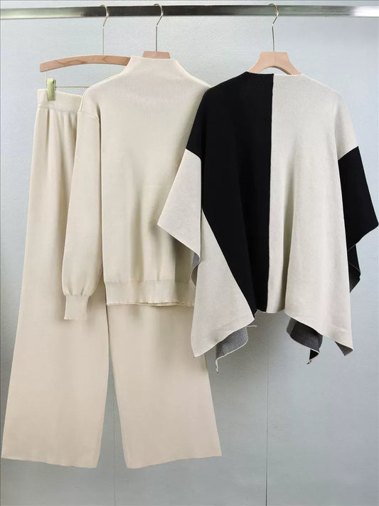 Women’s Knitted Three-Piece Set – Relaxed Fit – Wool Blend – Soft Mock Neck Sweater