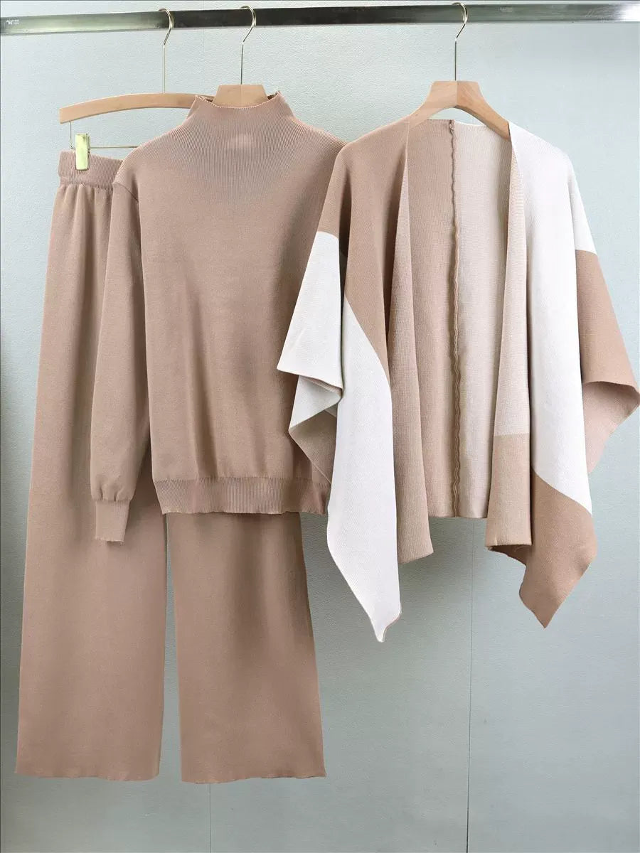 Women’s Knitted Three-Piece Set – Relaxed Fit – Wool Blend – Soft Mock Neck Sweater