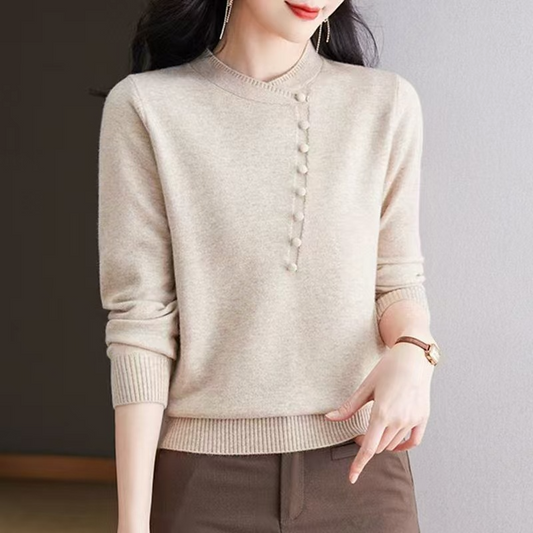Women’s Knitted Top – Relaxed Fit – Asymmetrical Neckline – Button Detail – Ribbed Trim