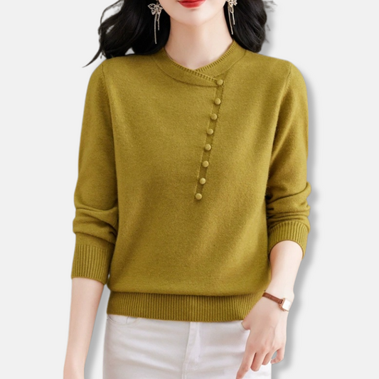 Women’s Knitted Top – Relaxed Fit – Asymmetrical Neckline – Button Detail – Ribbed Trim