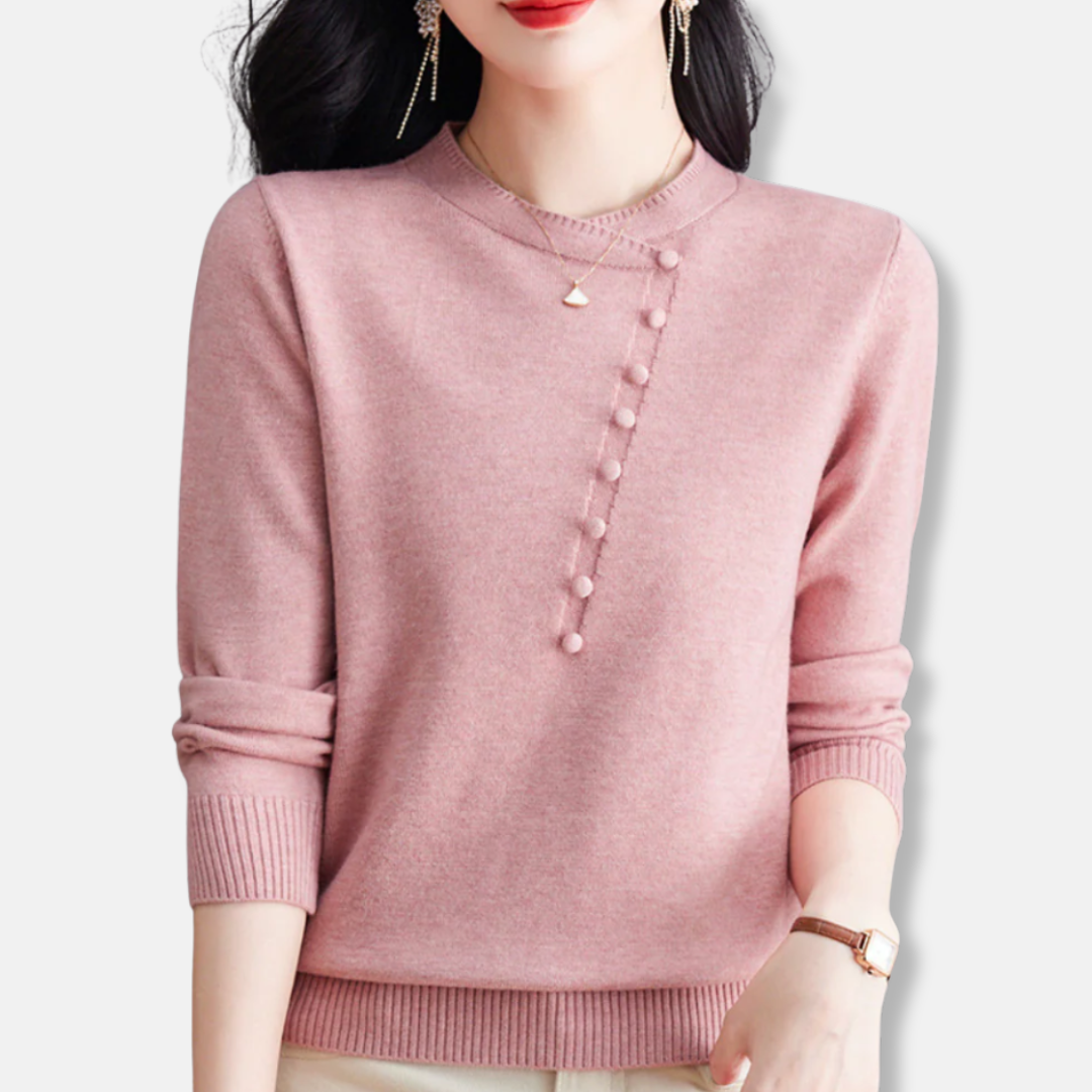 Women’s Knitted Top – Relaxed Fit – Asymmetrical Neckline – Button Detail – Ribbed Trim