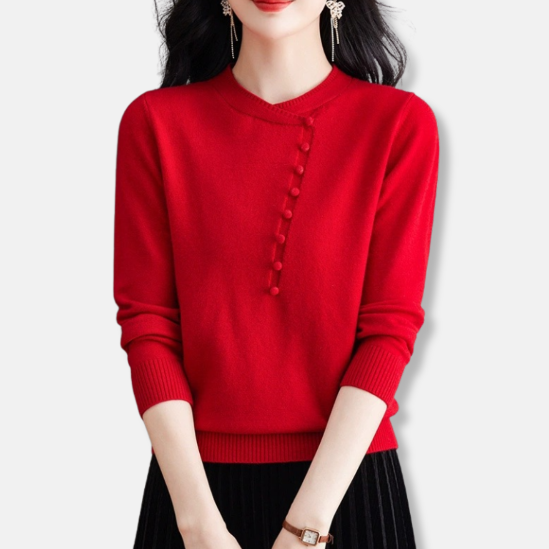 Women’s Knitted Top – Relaxed Fit – Asymmetrical Neckline – Button Detail – Ribbed Trim