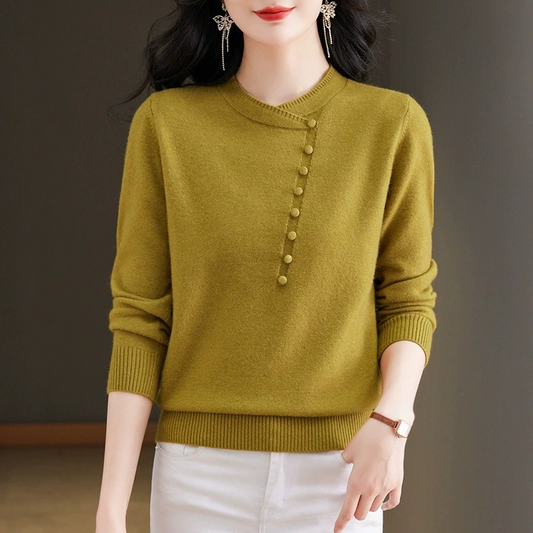 Women’s Knitted Top – Relaxed Fit – Asymmetrical Neckline – Button Detail – Ribbed Trim