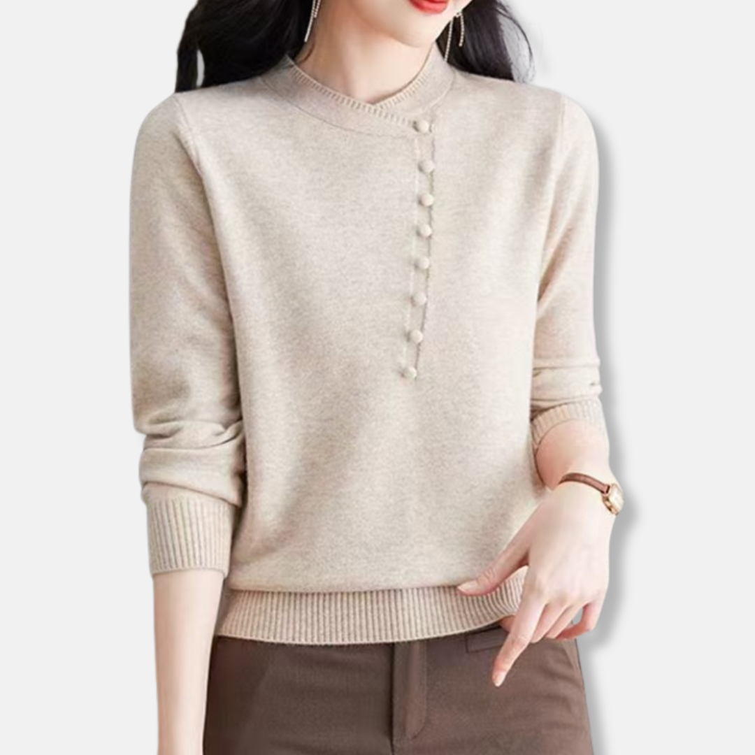 Women’s Knitted Top – Relaxed Fit – Asymmetrical Neckline – Button Detail – Ribbed Trim