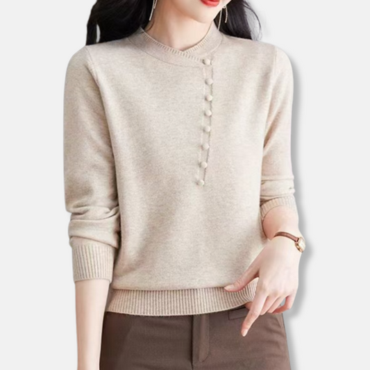 Women’s Knitted Top – Relaxed Fit – Asymmetrical Neckline – Button Detail – Ribbed Trim