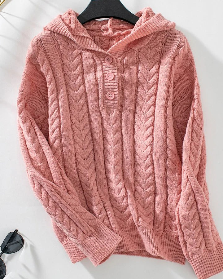 Women’s Knitted Top – Relaxed Fit – Cable Knit – Henley Neck – Long Sleeve